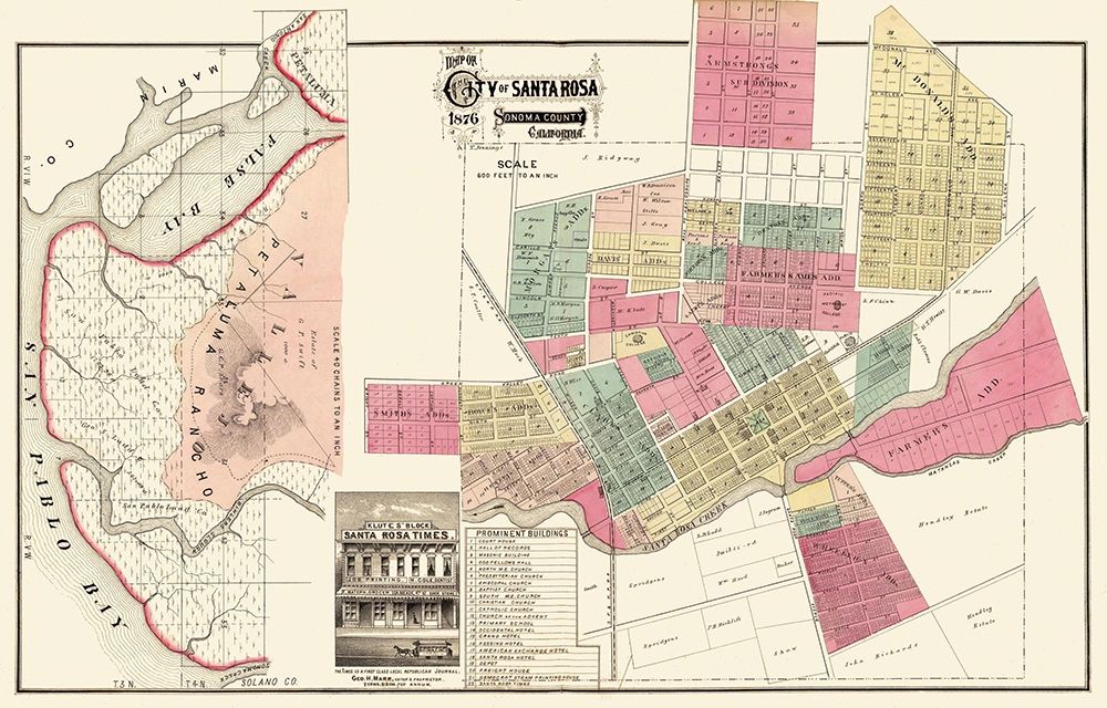 Santa Rosa California Plan - Marr 1876 art print by Marr for $57.95 CAD
