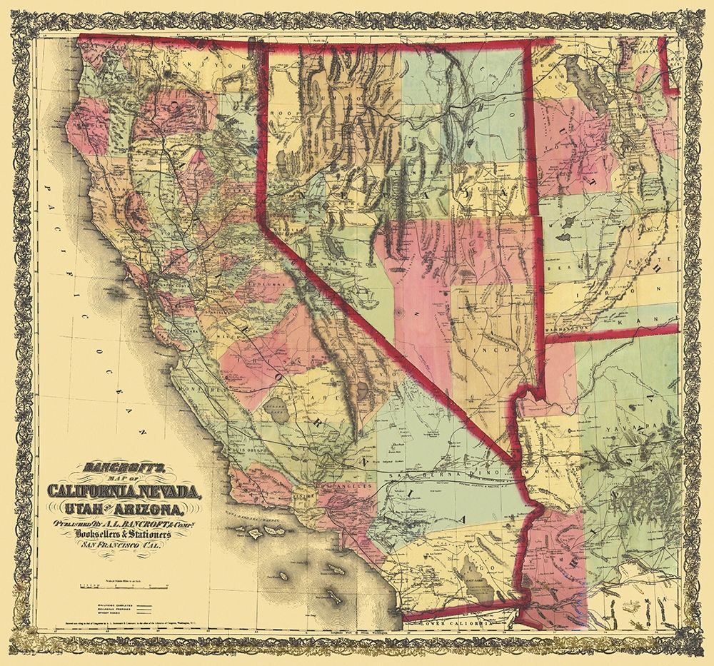 California, Nevada, Utah, Arizona - Bancroft 1873 art print by Bancroft for $57.95 CAD