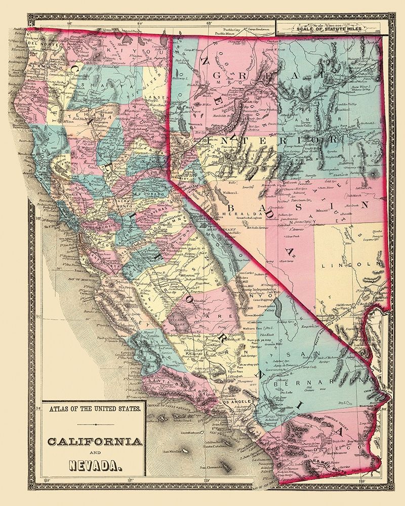 California, Nevada - 1872 art print by Unknown for $57.95 CAD