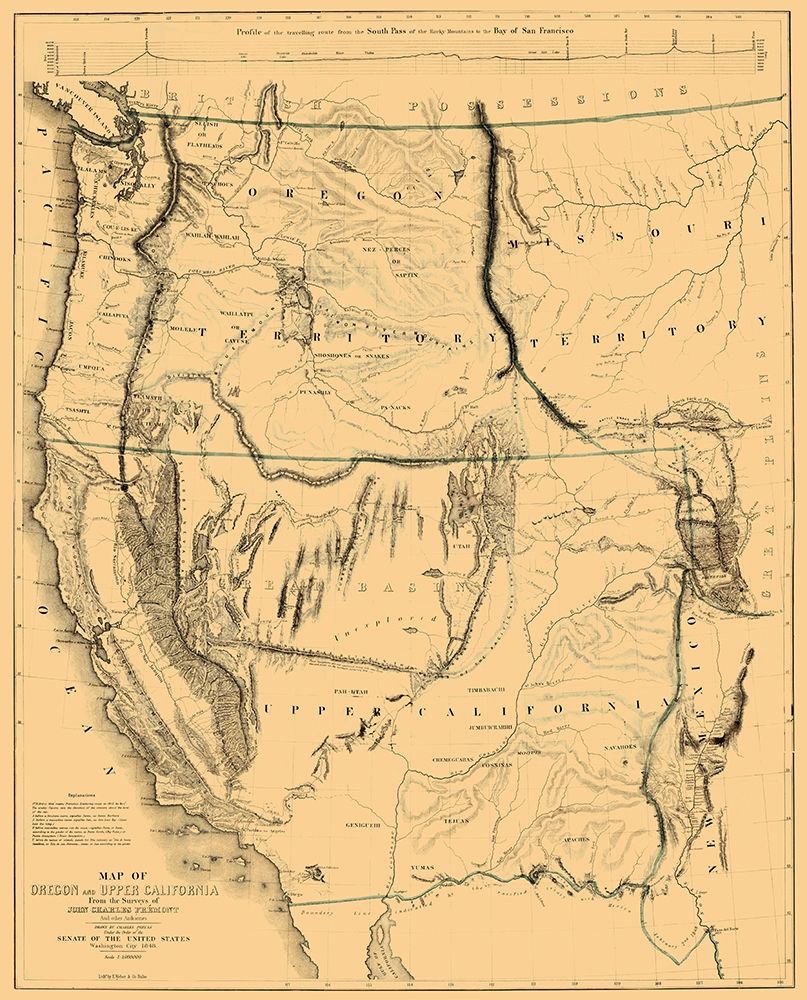Oregon, Upper California Territories - Preuss 1848 art print by Preuss for $57.95 CAD