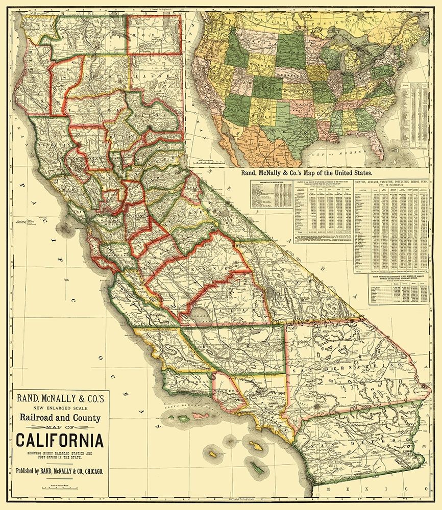California Railroad and Counties 1883 art print by Rand McNally for $57.95 CAD