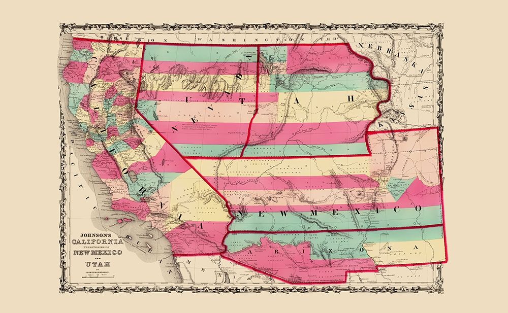 California, New Mexico, Utah - Johnson 1860 art print by Johnson for $57.95 CAD