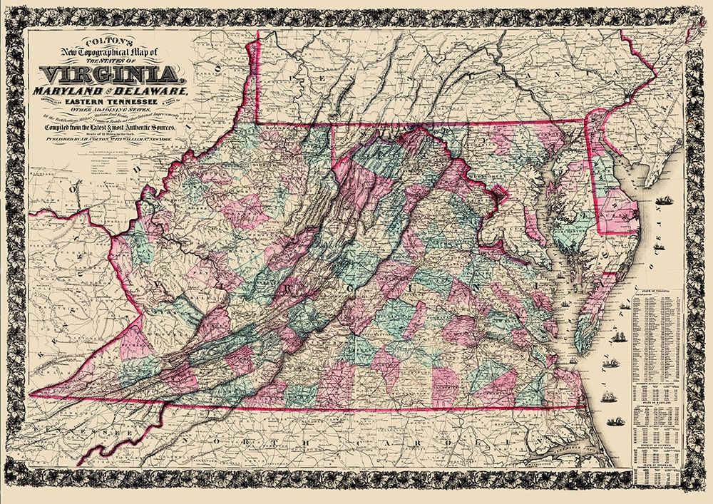 Virginia, Maryland ,Delaware - Colton  1862 art print by Colton for $57.95 CAD