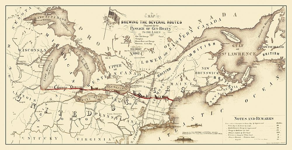 Gunboat Routes United States Canada - Sweet 1862 art print by Sweet for $57.95 CAD