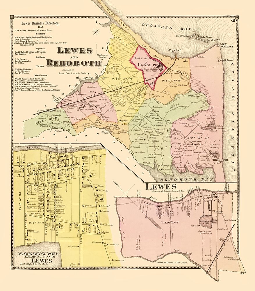 Lewes, Rehoboth Delaware Landowner - Beers 1868 art print by Beers for $57.95 CAD