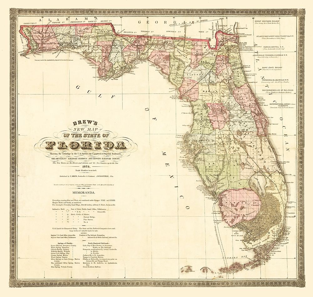 Florida Railroads - Drew 1874 art print by Drew for $57.95 CAD