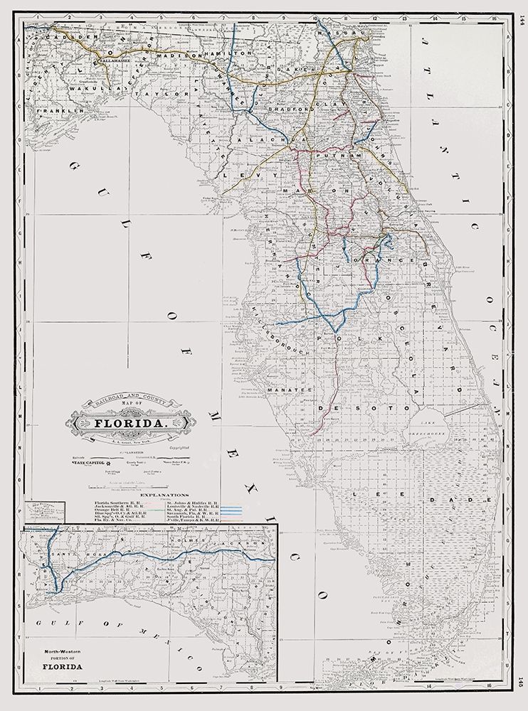 Florida State Railway and Counties - Grant 1889 art print by Grant for $57.95 CAD