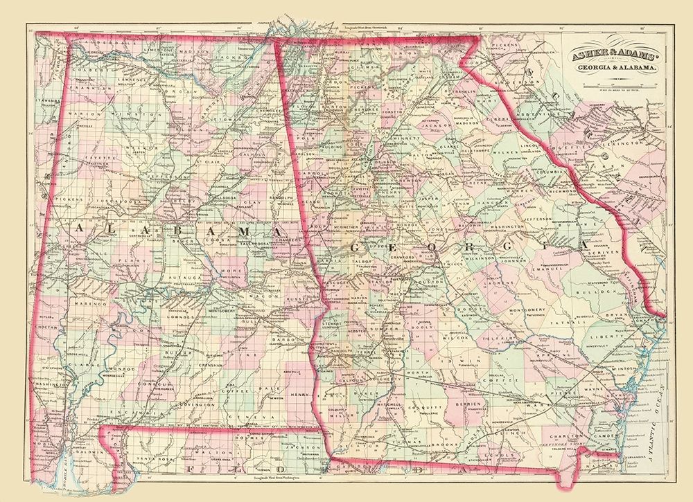 Georgia, Alabama - Asher 1874 art print by Asher for $57.95 CAD