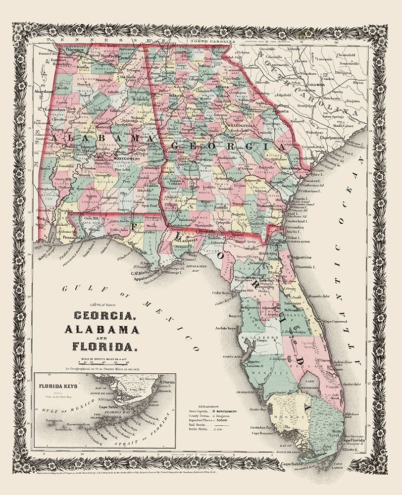 Georgia, Alabama, Florida - Colton 1858 art print by Colton for $57.95 CAD