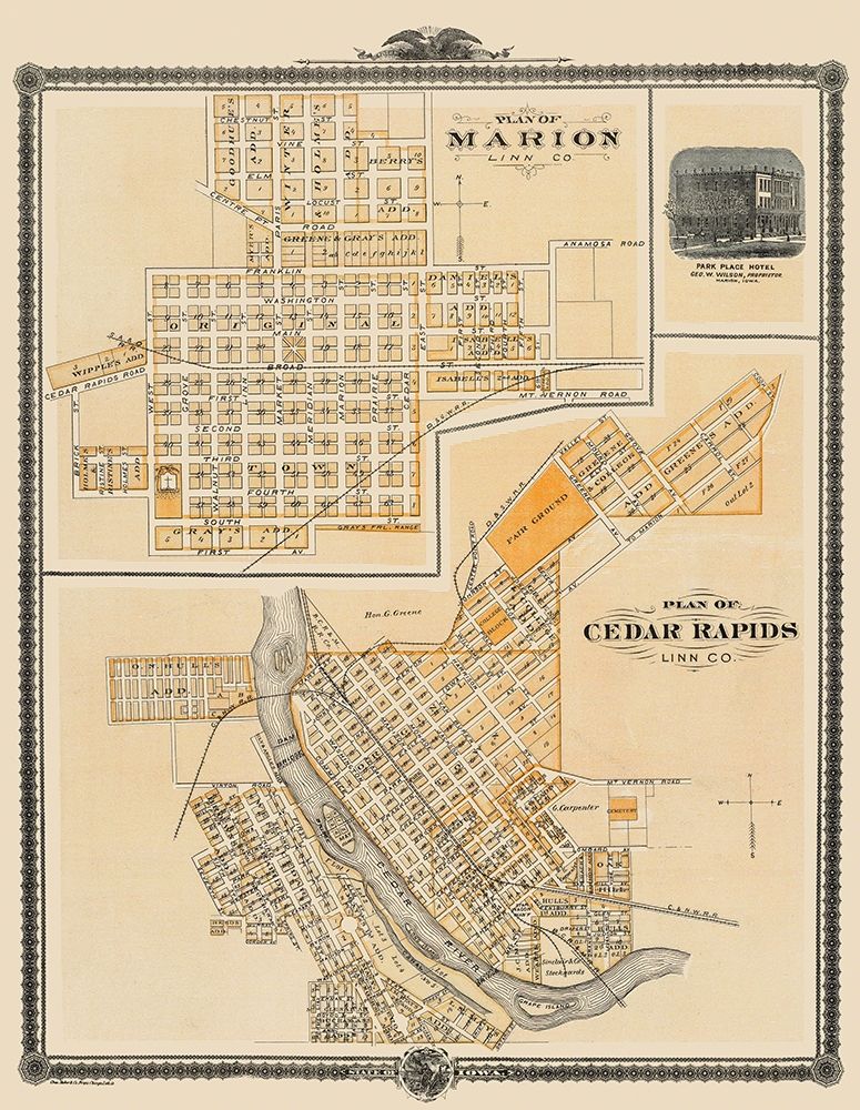 Cedar Rapids, Marion Iowa - Shober 1875 art print by Shober for $57.95 CAD