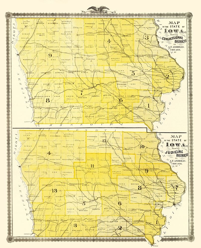 Iowa with Congressional, Judicial Districts  1874 art print by Andreas for $57.95 CAD