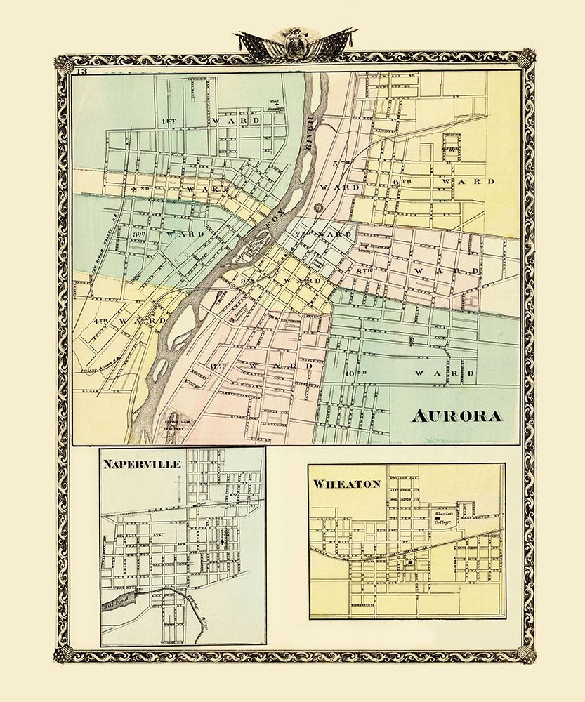 Aurora, Wheaton, Naperville Illinois - Warner 1870 art print by Warner for $57.95 CAD