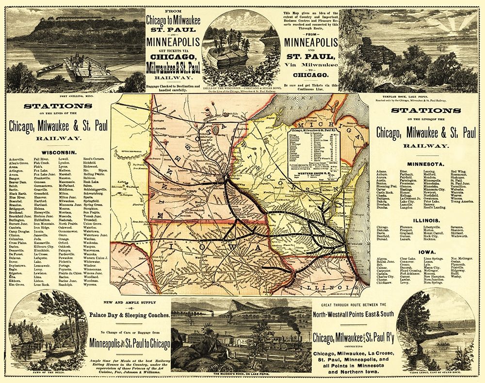 Chicago, Milwaukee and St Paul Railroad - 1874 art print by Rand McNally for $57.95 CAD