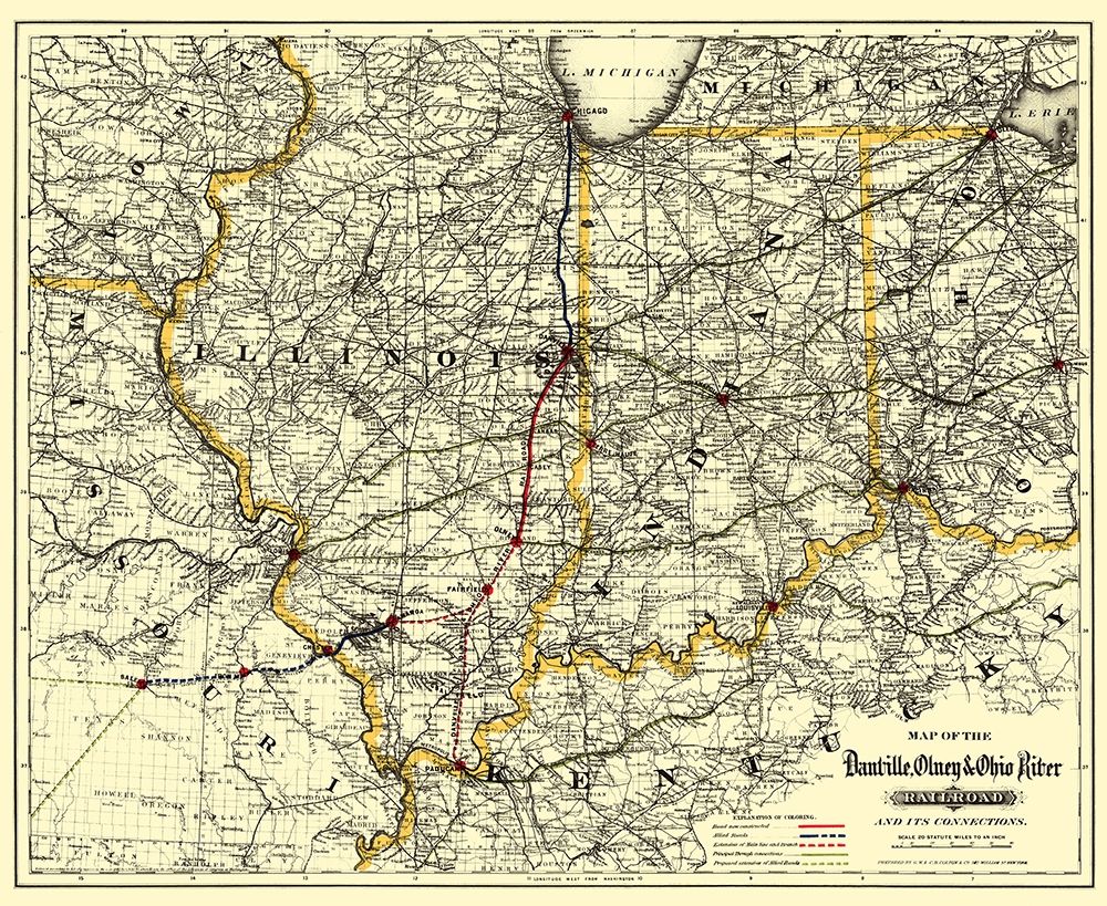 Danville, Olney and Ohio River RR - Colton 1881 art print by Colton for $57.95 CAD