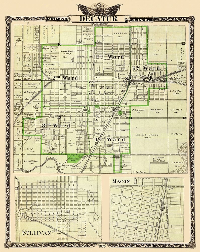 Decatur, Sullivan Illinois Landowner - Warner 1876 art print by Warner for $57.95 CAD