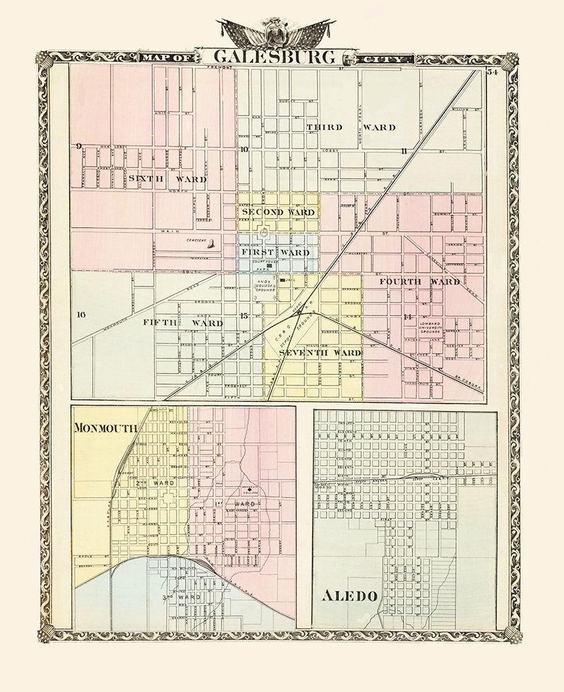 Galesburg, Monmouth, Aledo Illinois - Warner 1876 art print by Warner for $57.95 CAD