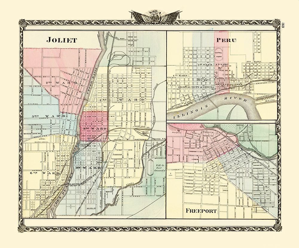 Joliet, Peru, Freeport Illinois - Warner 1870 art print by Warner for $57.95 CAD