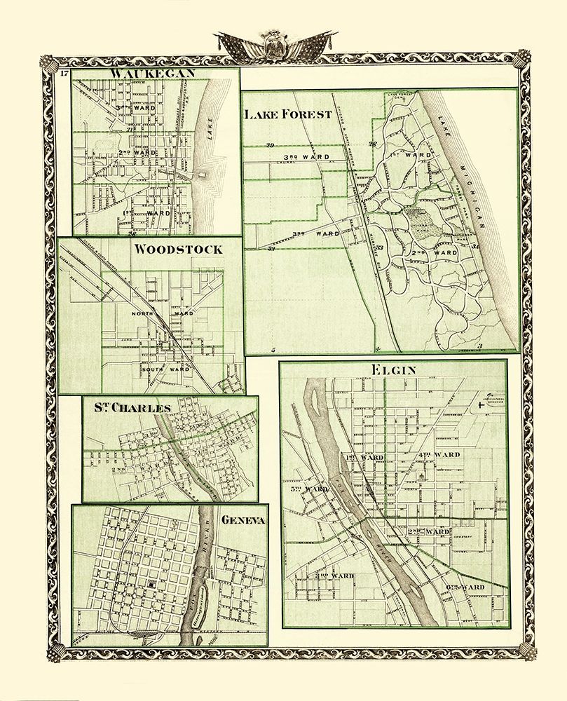 Lake Forest, Elgin, Geneva Illinois - Warner 1870 art print by Warner for $57.95 CAD