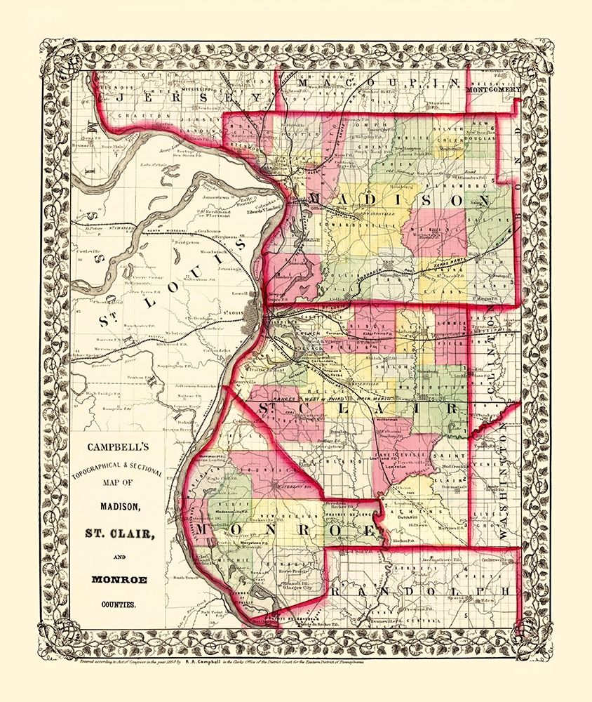 Madison  St Clair  Monroe Illinois - Campbell 1850 art print by Campbell for $57.95 CAD