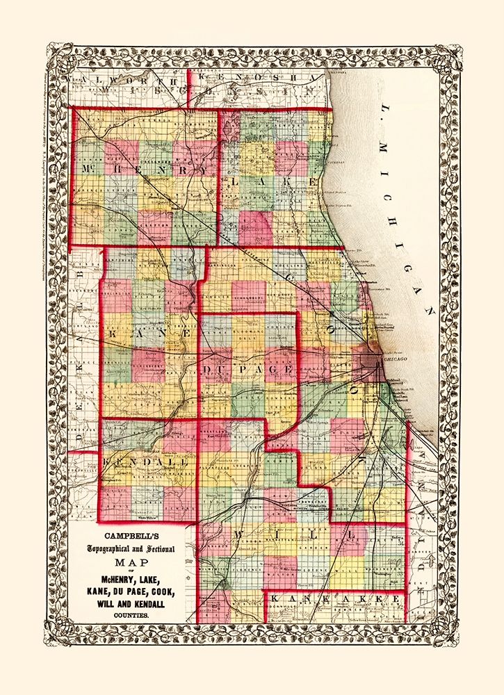 Mchenry  Kane  Cook  Will Illinois - Campbell 1850 art print by Campbell for $57.95 CAD
