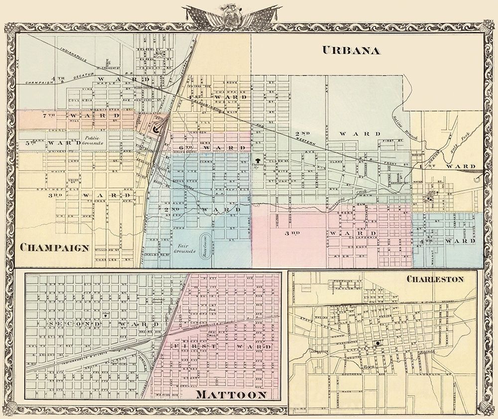 Urbana, Champaign, Mattoon, Charleston Illinois art print by Warner for $57.95 CAD