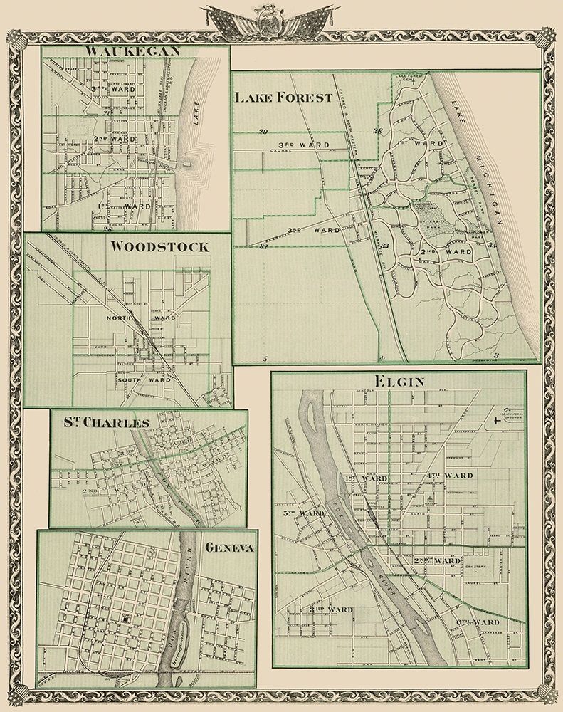Waukegan, Lake Forest, Elgin, Woodstock, Illinois art print by Warner for $57.95 CAD
