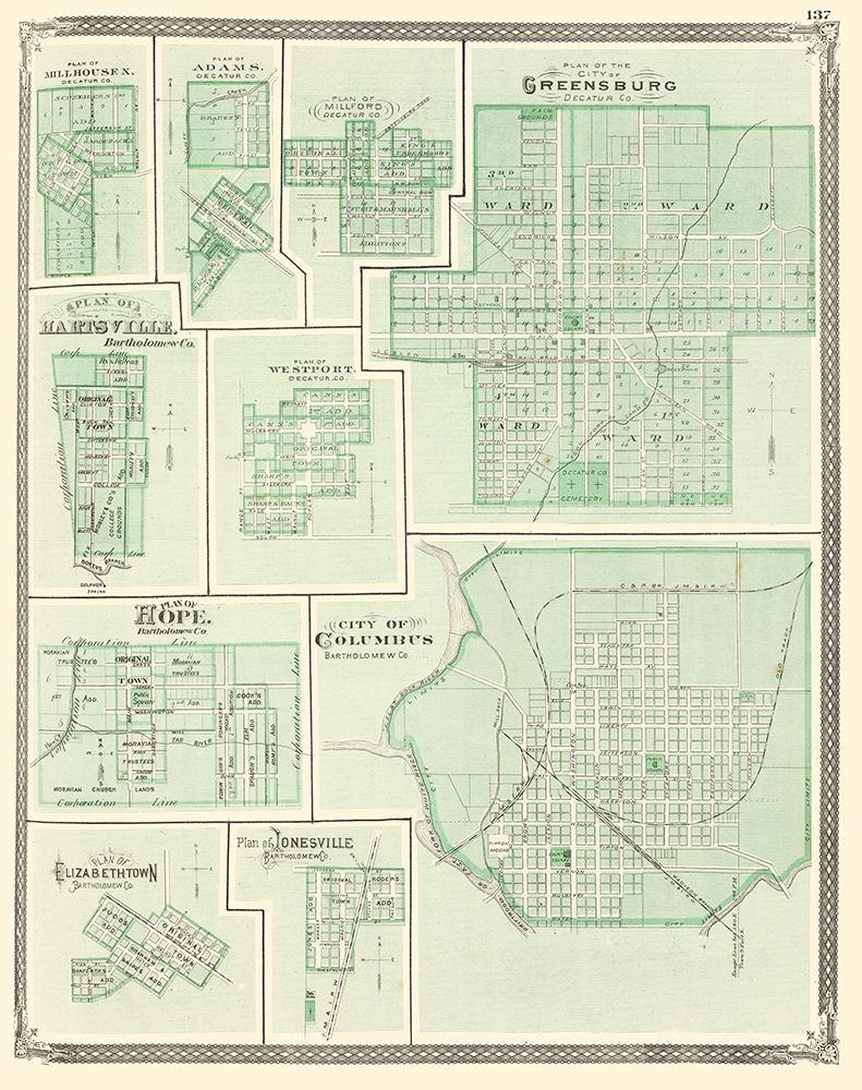 Greensburg, Columbus, Hartsville, Hope Indiana art print by Baskin for $57.95 CAD