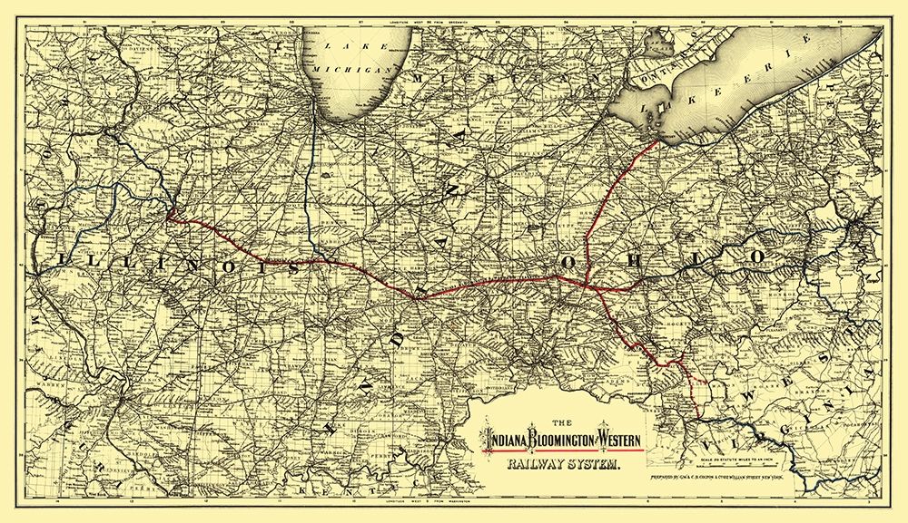 Indiana, Bloomington and Western Railway 1872 art print by Colton for $57.95 CAD