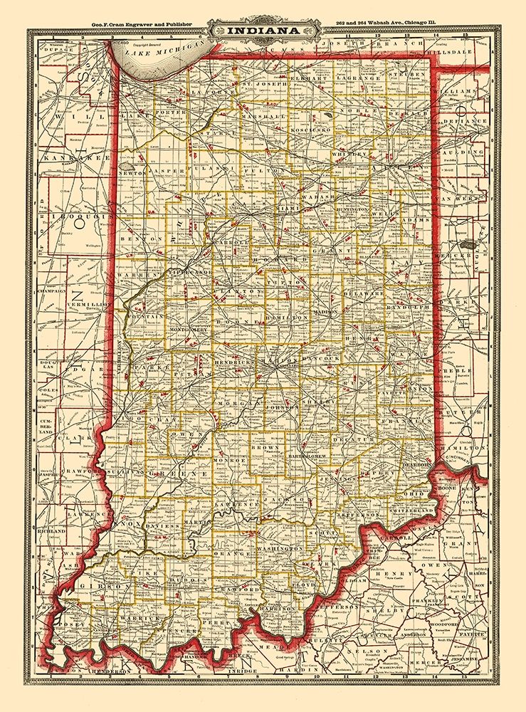 Indiana Railroads - Cram 1888 art print by Cram for $57.95 CAD
