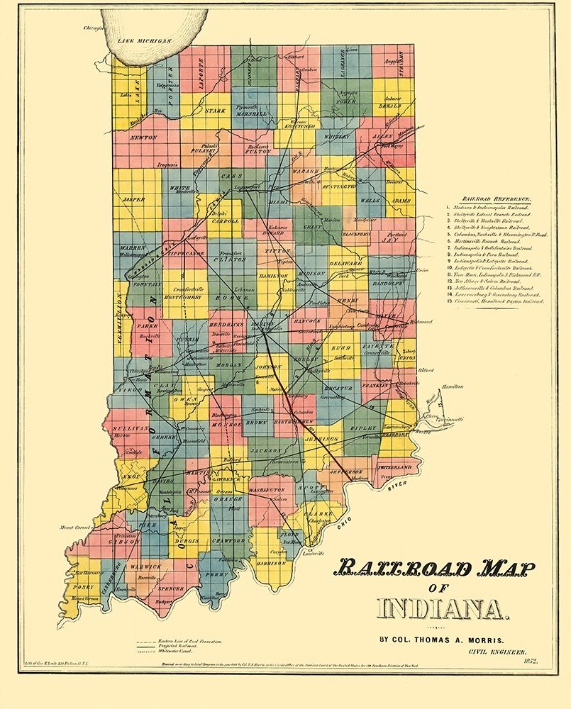 Railroad Map of Indiana - Morris 1852 art print by Morris for $57.95 CAD
