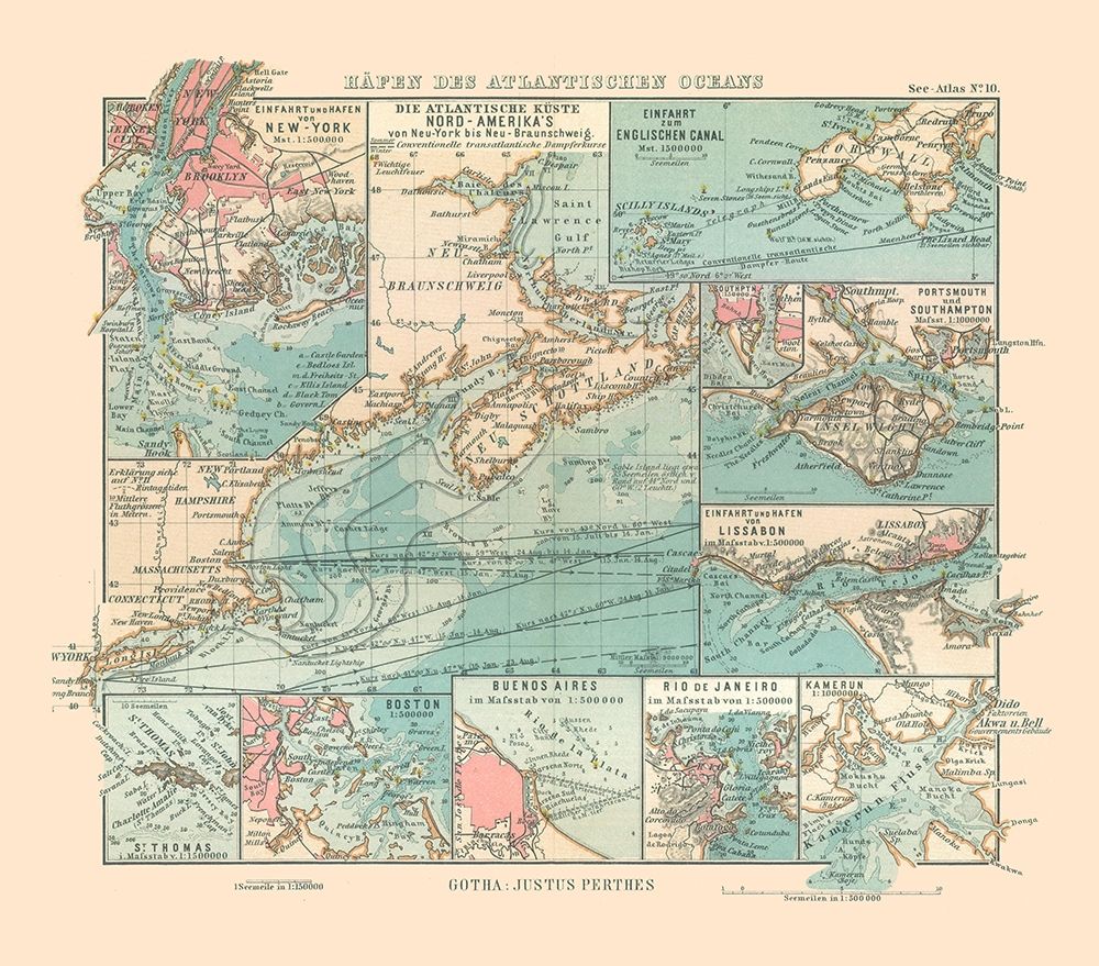 Atlantic Ocean Ports - Perthes 1914 art print by Perthes for $57.95 CAD