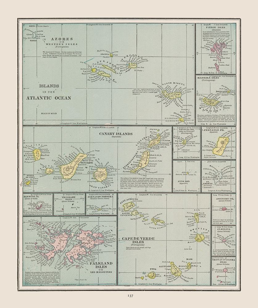 Islands of Atlantic Ocean - Cram 1892 art print by Cram for $57.95 CAD