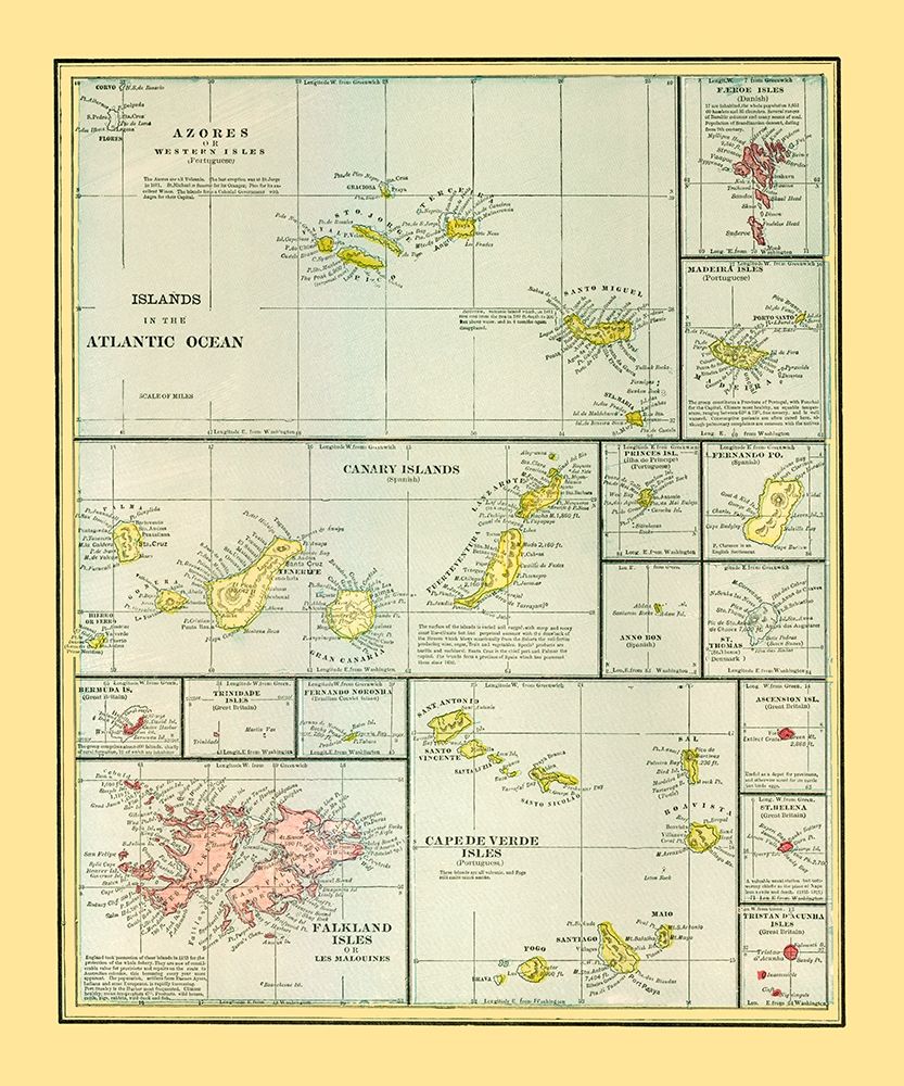 Atlantic Ocean Islands - Cram 1889 art print by Cram for $57.95 CAD