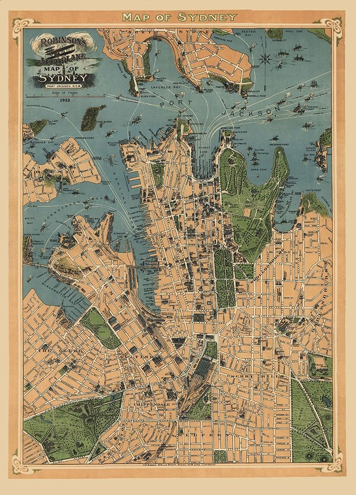 Sydney Australia Aeroplane View - Robinson 1922 art print by Robinson for $57.95 CAD