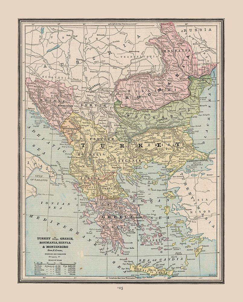 Turkey Greece Romania Serbia - Cram 1888 art print by Cram for $57.95 CAD