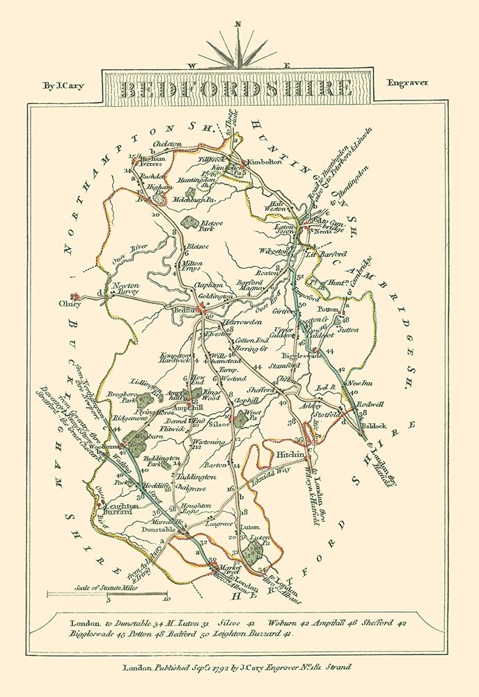 Bedfordshire County England - Cary 1792 art print by Cary for $57.95 CAD