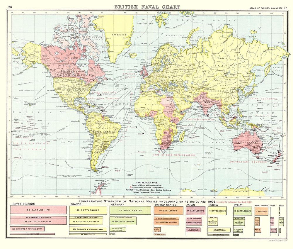 British Naval Chart Global - Newnes 1907 art print by Newnes for $57.95 CAD