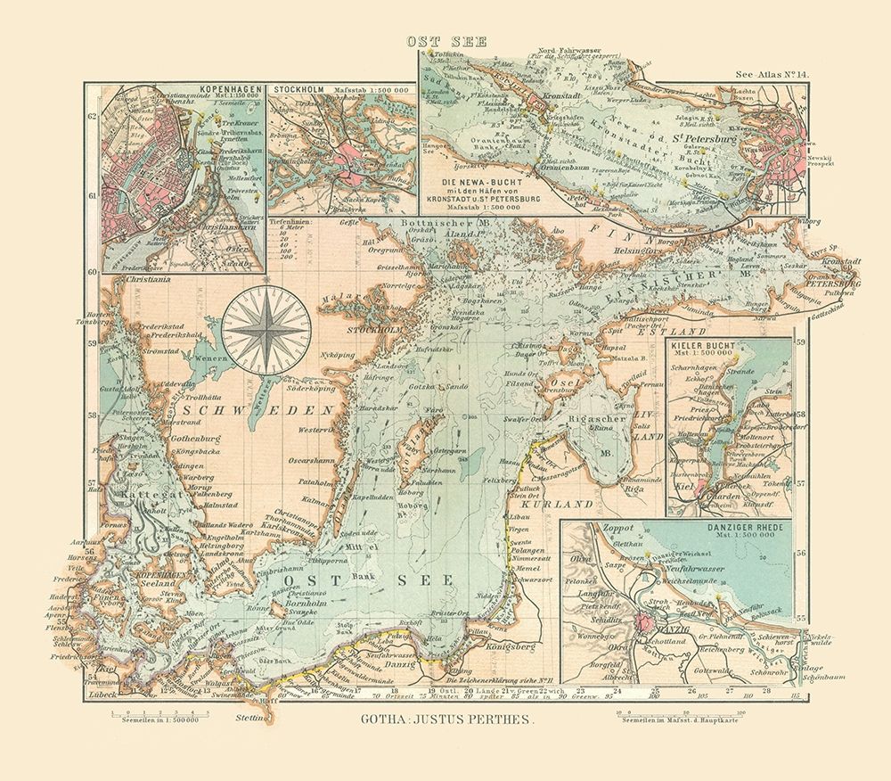 Baltic Sea Sweden Denmark Latvia - Perthes 1914 art print by Perthes for $57.95 CAD