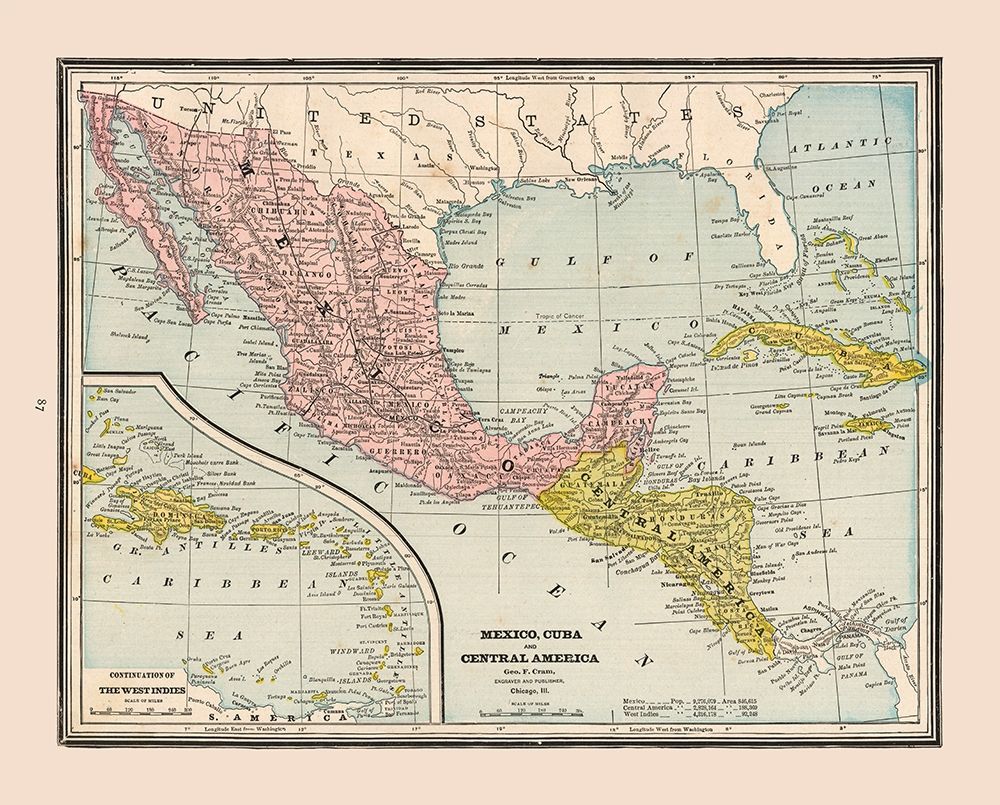 Mexico Guatemala Honduras Nicaragua Costa Rica art print by Cram for $57.95 CAD