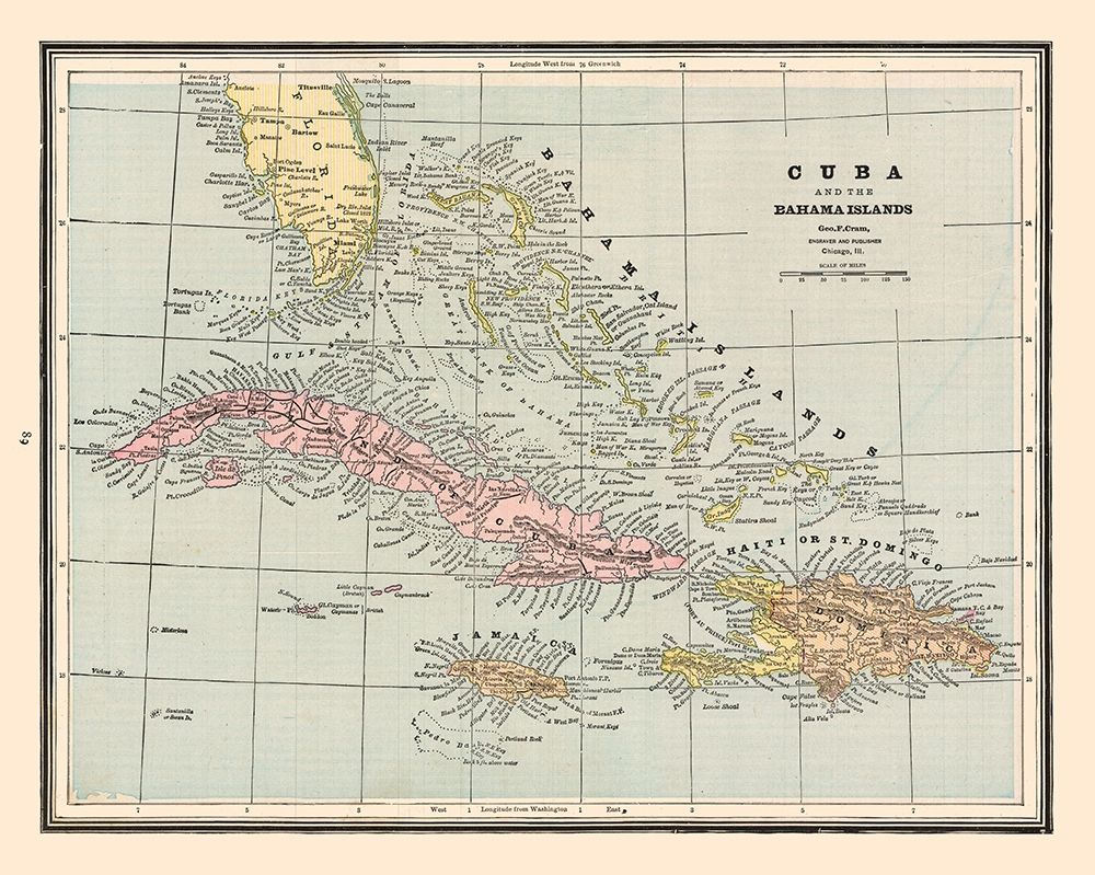 Central America Cuba Bahama Islands - Cram 1888 art print by Cram for $57.95 CAD