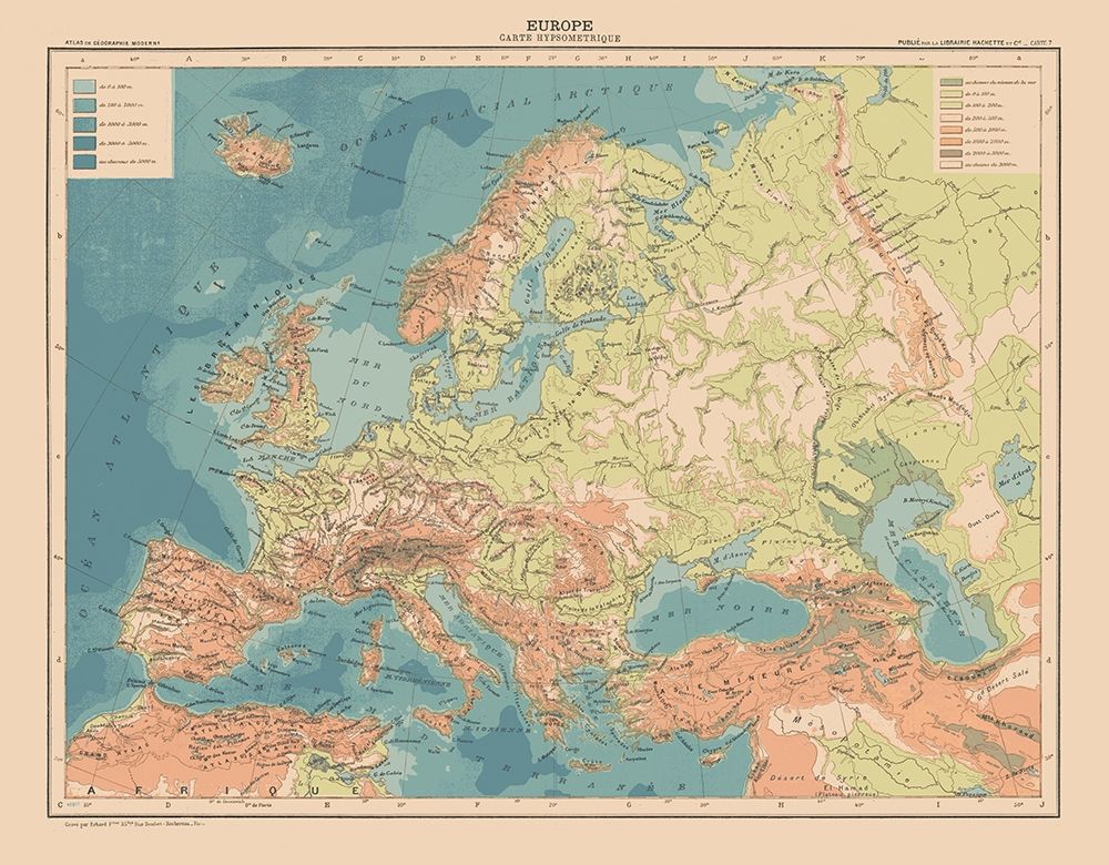Hypsometric Europe - Schrader 1908 art print by Schrader for $57.95 CAD