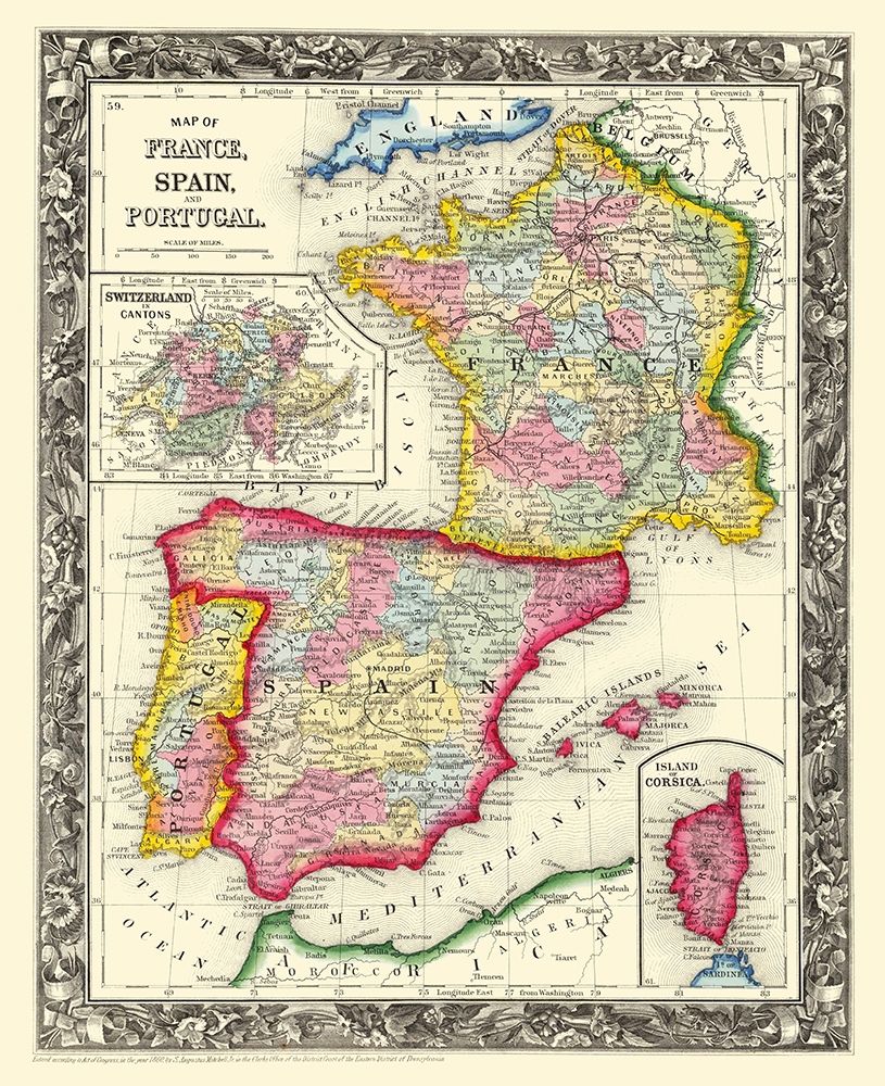 Europe France Spain Portugal - Mitchell 1860 art print by Mitchell for $57.95 CAD