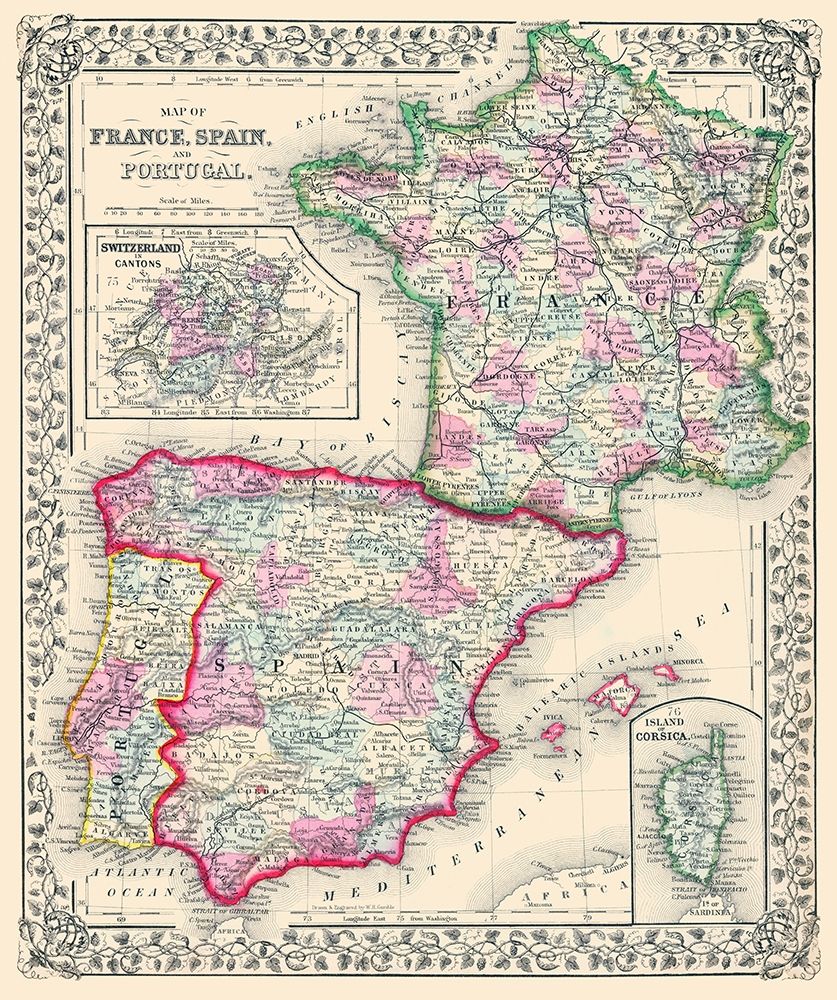 Europe France Spain Portugal - Mitchell 1864 art print by Mitchell for $57.95 CAD