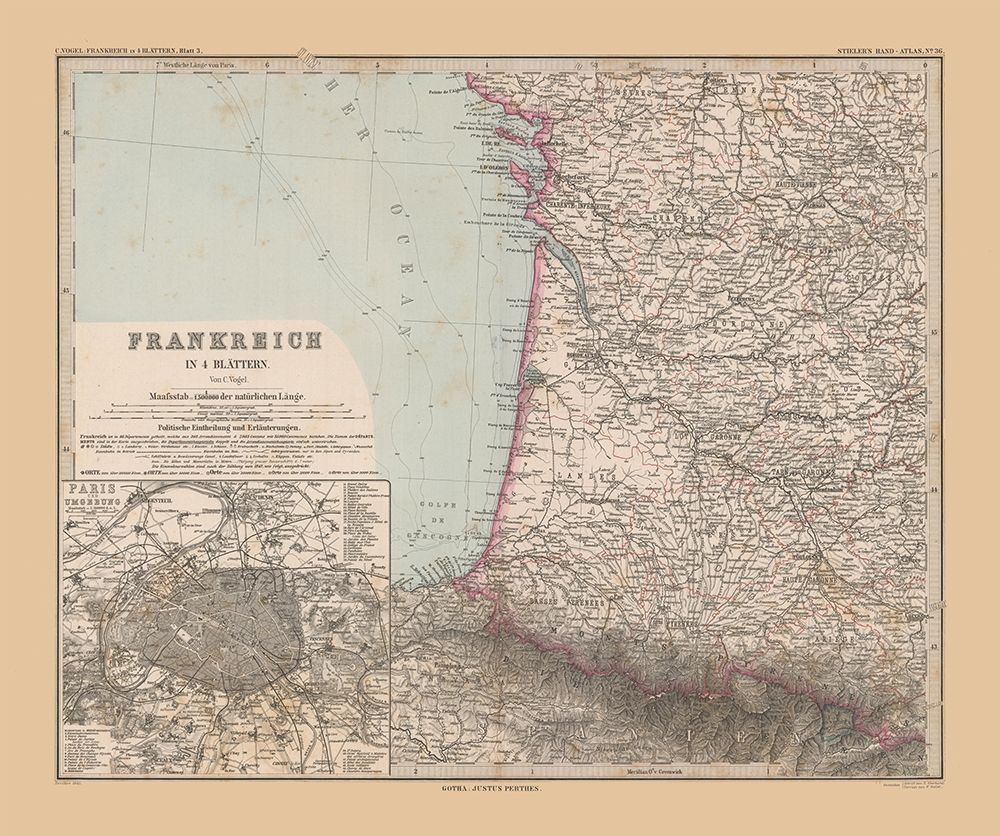 Southwestern France - Stieler 1885 art print by Stieler for $57.95 CAD
