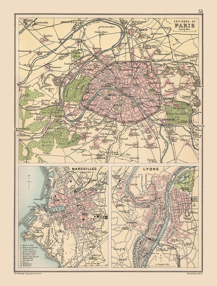 Paris Marseilles Lyons France - Bartholomew 1892 art print by Bartholomew for $57.95 CAD