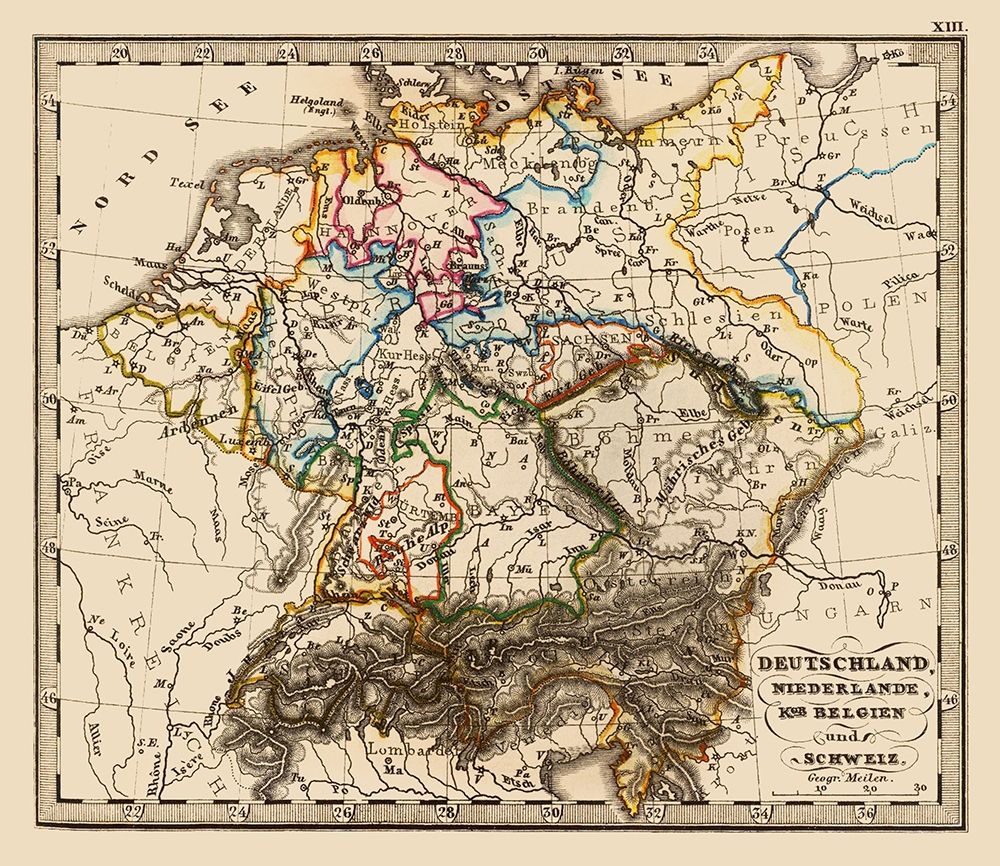 Germany Belgium Netherlands Switzerland Benelux art print by Stieler for $57.95 CAD