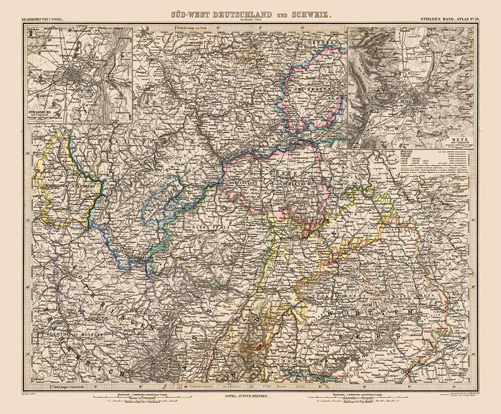 Southwest Germany Switzerland - Stieler 1885 art print by Stieler for $57.95 CAD