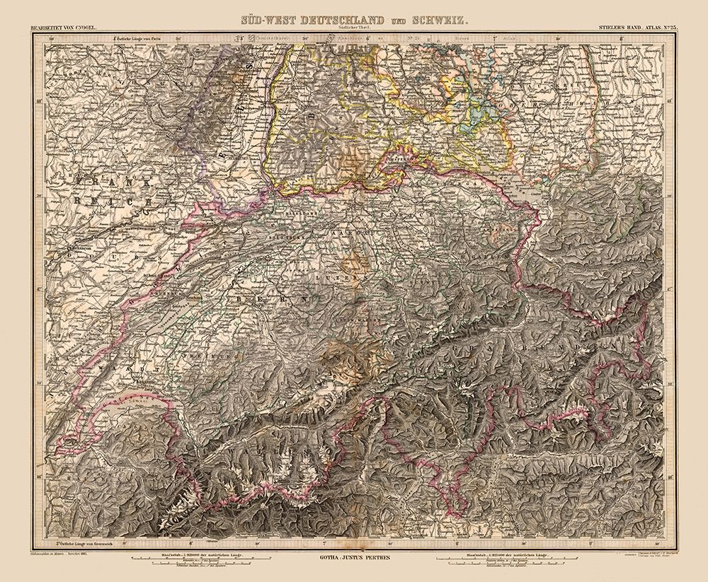 Southwest Germany Switzerland - Stieler 1885 art print by Stieler for $57.95 CAD