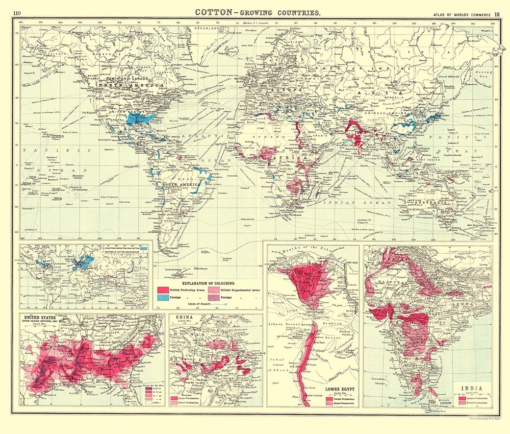 Global Cotton Growing Contries - Bartholomew 1907 art print by Bartholomew for $57.95 CAD