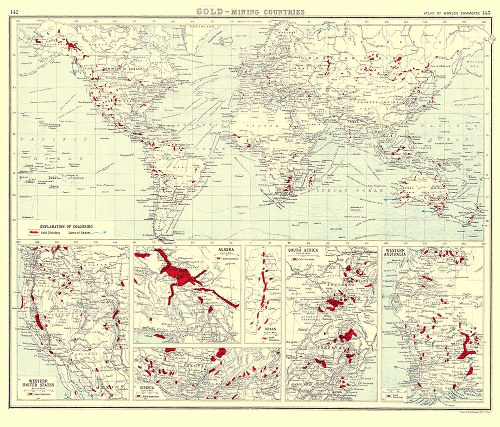 Global Gold Mining Countries - Bartholomew 1907 art print by Bartholomew for $57.95 CAD